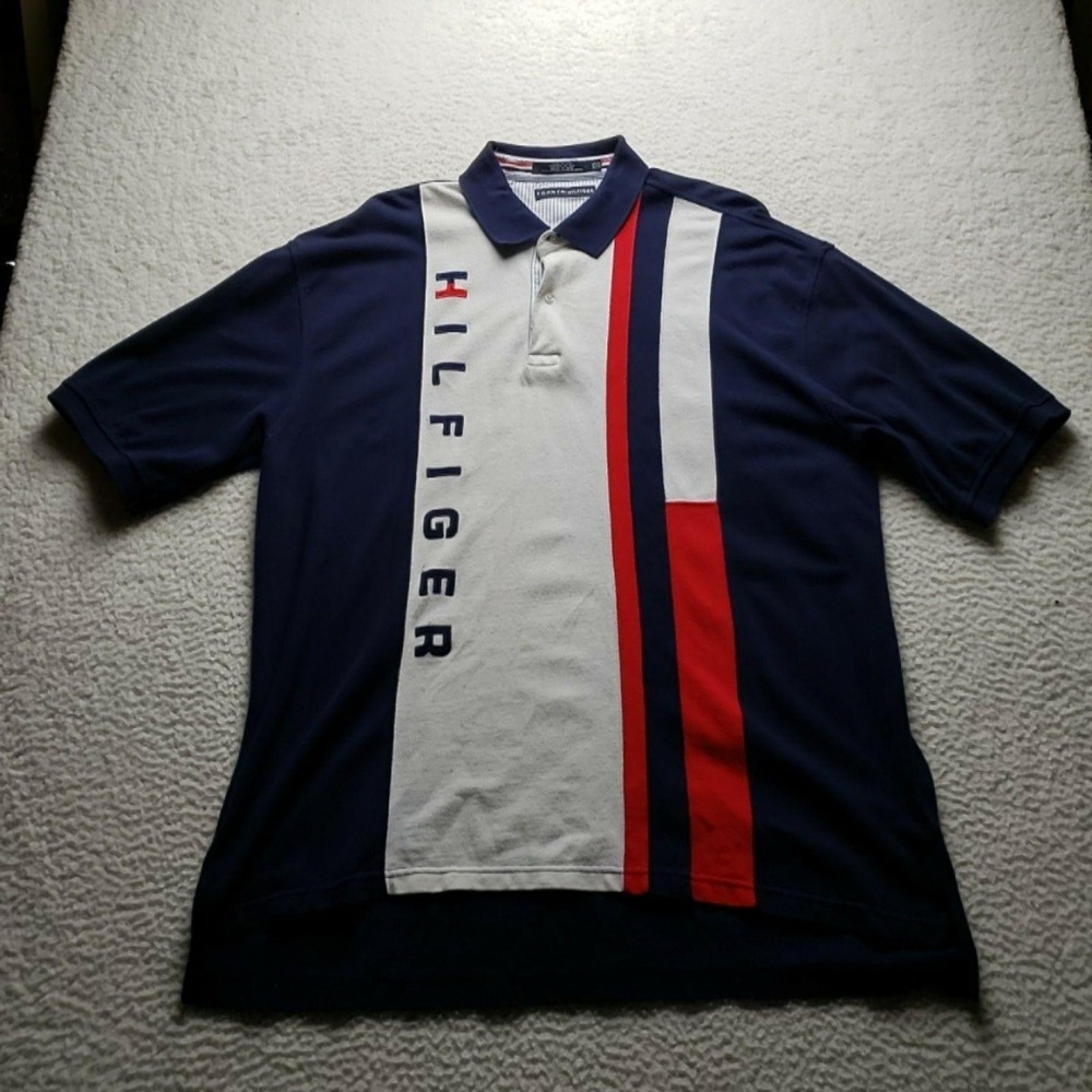 Tommy Hilfiger Polo Shirt Mens 2XL Blue Colorblock Short Sleeve Logo Graphic Top